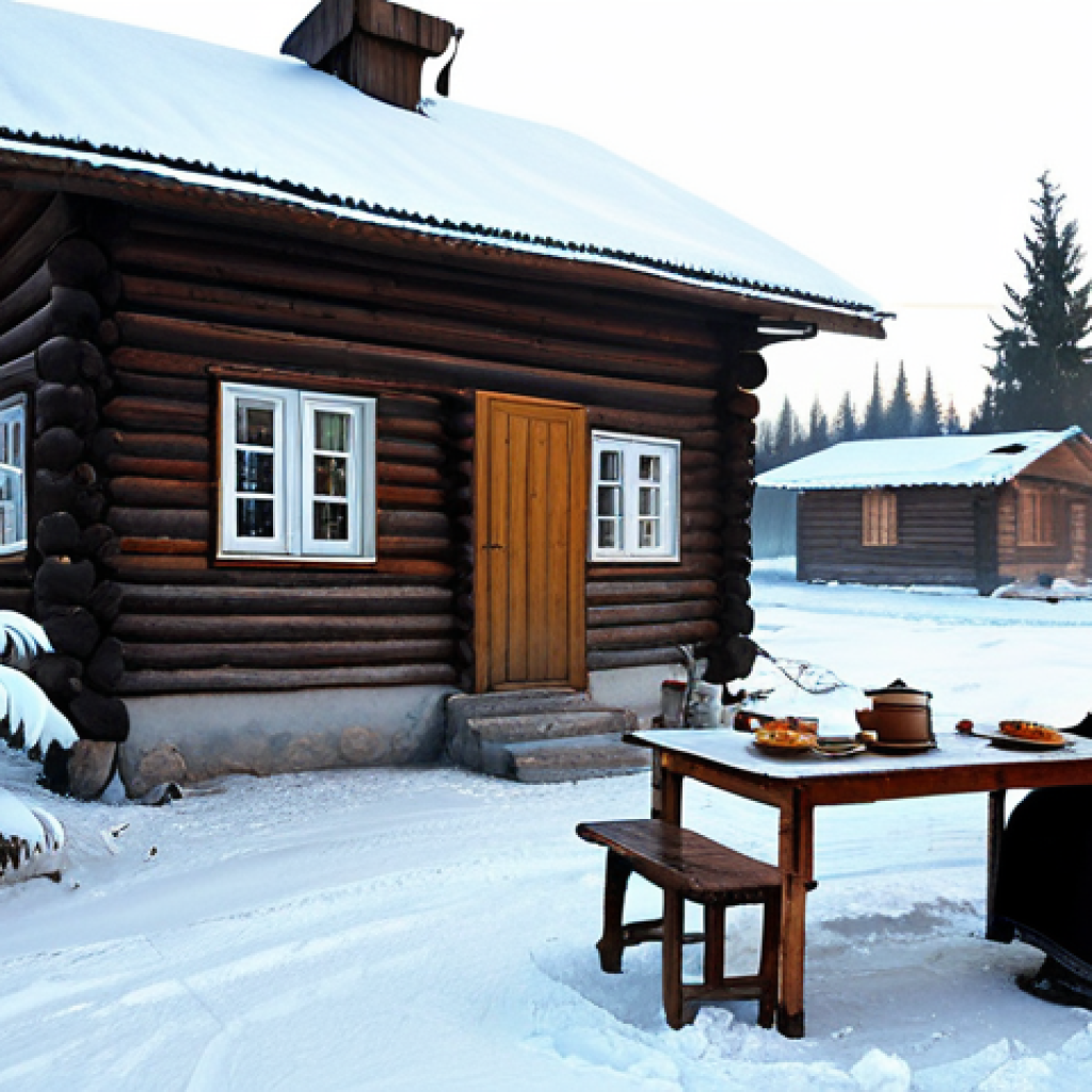 **

A cozy winter scene in a Russian village.  A wooden izba (traditional house) is covered in snow.  Smoke rises gently from the chimney.  A samovar steams on a table outside.  A babushka, fully clothed in a warm shawl and valenki (felt boots), smiles as she offers blini.  Fir trees laden with snow surround the house.  Soft, diffused lighting.  Safe for work, appropriate content, fully clothed, family-friendly, professional photography, perfect anatomy, natural proportions.

**