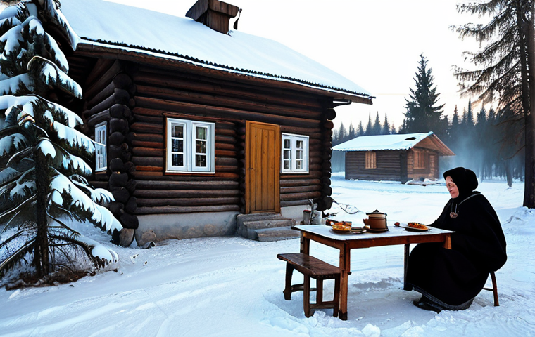 **

A cozy winter scene in a Russian village.  A wooden izba (traditional house) is covered in snow.  Smoke rises gently from the chimney.  A samovar steams on a table outside.  A babushka, fully clothed in a warm shawl and valenki (felt boots), smiles as she offers blini.  Fir trees laden with snow surround the house.  Soft, diffused lighting.  Safe for work, appropriate content, fully clothed, family-friendly, professional photography, perfect anatomy, natural proportions.

**