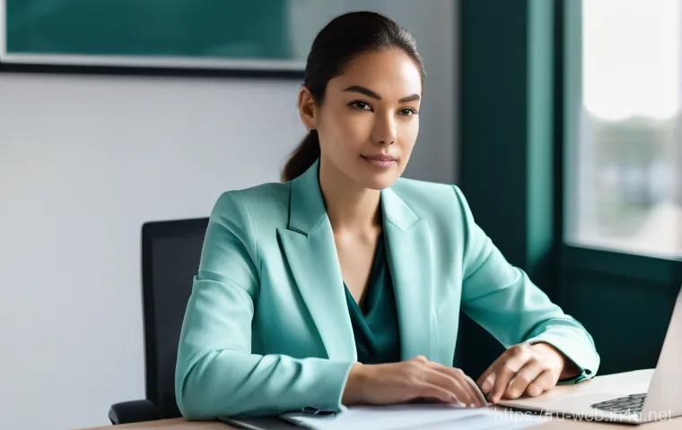 웹디자인 클라이언트와 계약하기 - **Prompt:** A modern, professional female web developer in her early 30s, dressed in a smart casual ...
