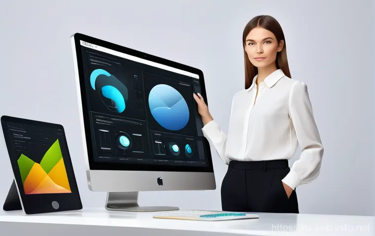 웹디자인 취업 포지션 종류 - A male UI/UX designer, in his mid-30s, wearing smart-casual attire, standing in a contemporary co-wo...