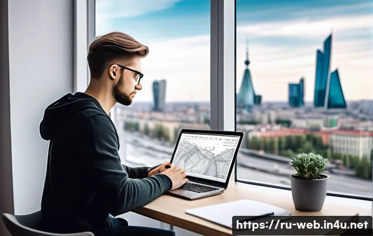 웹디자인 연봉 협상 체크포인트 - A modern Russian web designer workspace in Moscow, featuring a young professional with medium-length...