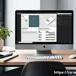 Home 22 웹디자인 취업 면접 질문 - A modern web designer’s workspace showing a sleek laptop screen with a detailed UX wireframe prototy...