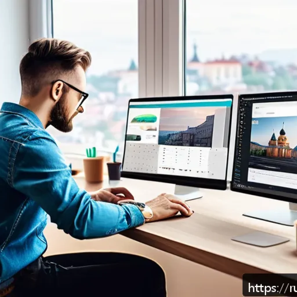 웹디자인 취업 현황 및 전망 - A modern web designer at work in a bright, stylish home office overlooking a Russian cityscape, wear...