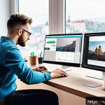 Home 21 웹디자인 취업 현황 및 전망 - A modern web designer at work in a bright, stylish home office overlooking a Russian cityscape, wear...