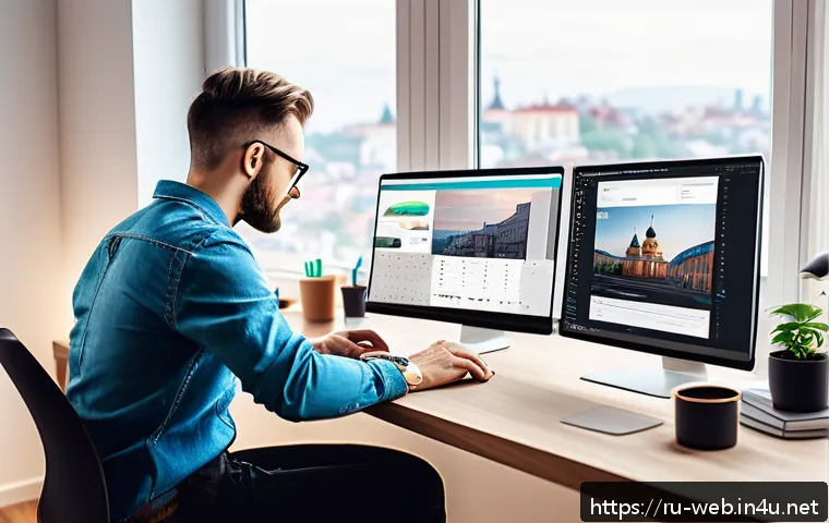 웹디자인 취업 현황 및 전망 - A modern web designer at work in a bright, stylish home office overlooking a Russian cityscape, wear...