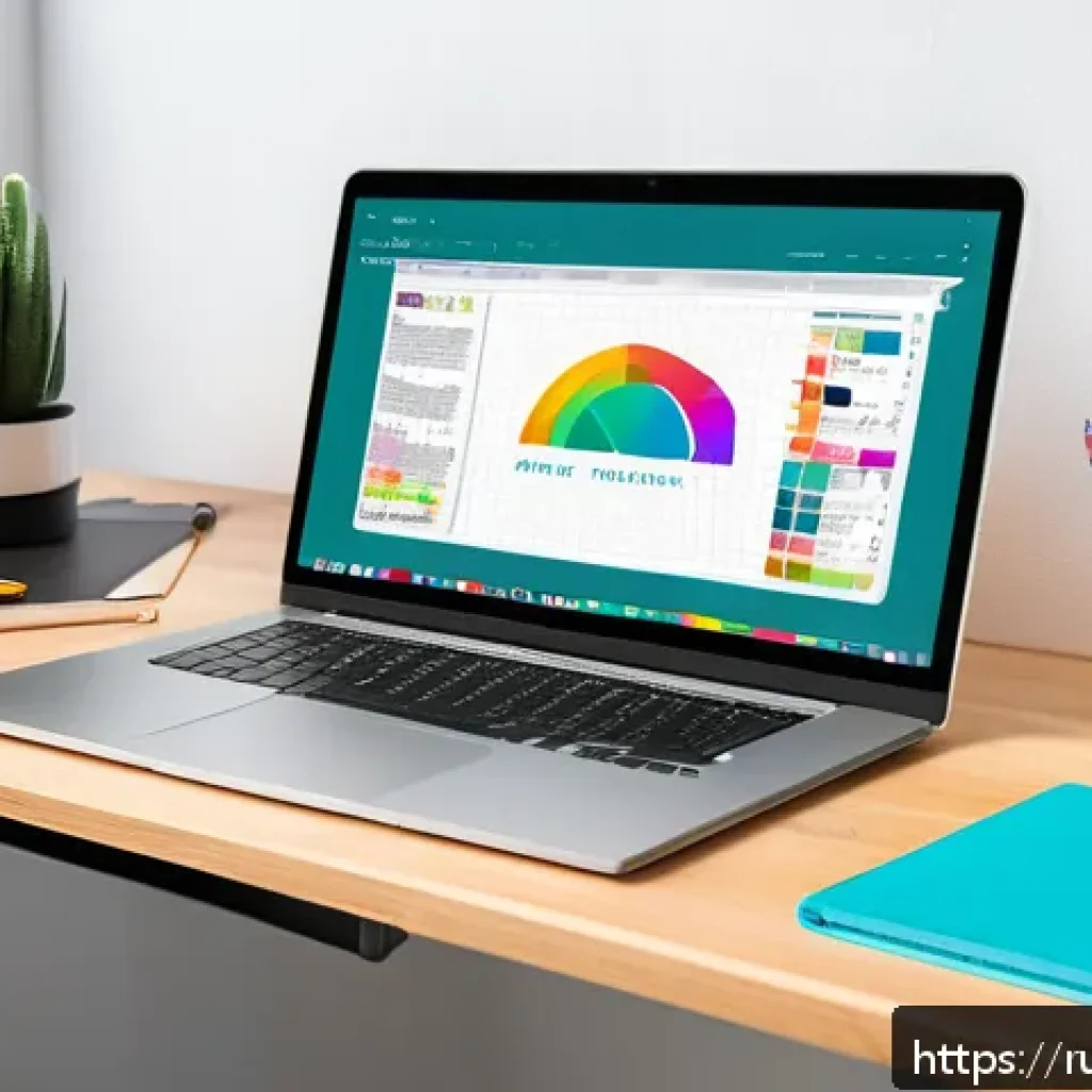 웹디자인 필기시험 준비법 - A modern web designer&rsquo;s workspace featuring a sleek laptop displaying a colorful, harmonious website...