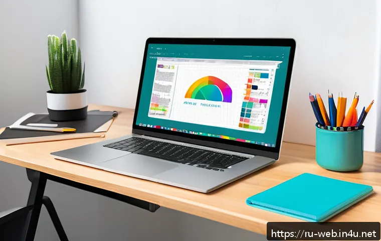웹디자인 필기시험 준비법 - A modern web designer’s workspace featuring a sleek laptop displaying a colorful, harmonious website...
