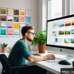 Home 18 웹디자인 입문서 추천 - A cozy modern workspace scene featuring a young Russian web designer sitting at a sleek desk with a ...