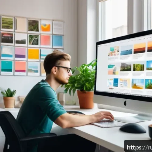 Home 30 웹디자인 입문서 추천 - A cozy modern workspace scene featuring a young Russian web designer sitting at a sleek desk with a ...