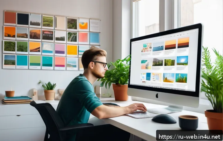 웹디자인 입문서 추천 - A cozy modern workspace scene featuring a young Russian web designer sitting at a sleek desk with a ...